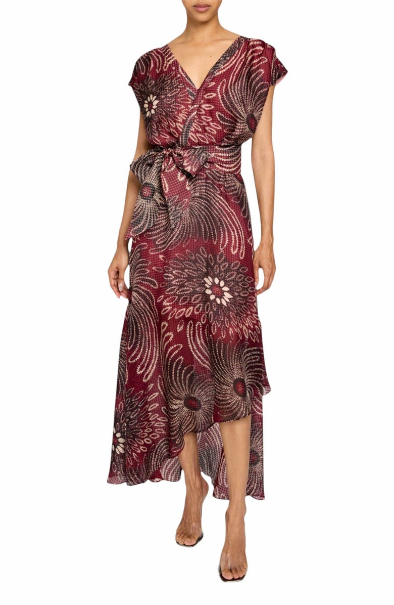 Santorelli Fallon Cap Sleeve Midi Fit and Flare Dress with Hi-Lo Skirt in Silk Modern Gingham Floral Print, Main, color, Cherry Cola