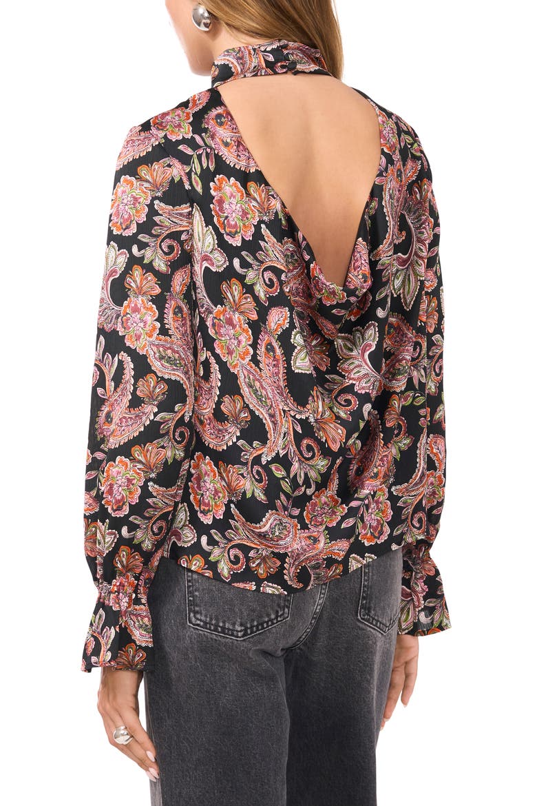 Paisley Print Open Back Mock Neck Top, Alternate, color, RICH BLACK