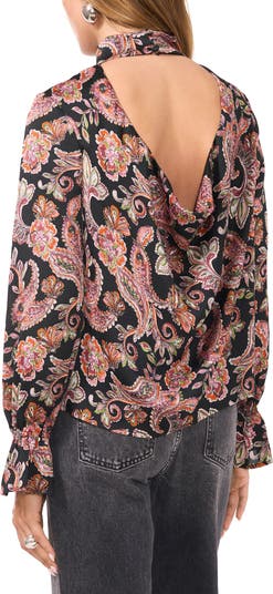 Paisley Print Open Back Mock Neck Top