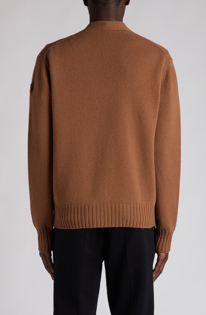 Moncler Logo Patch Virgin Wool Cardigan, Alternate, color, Dull Brown
