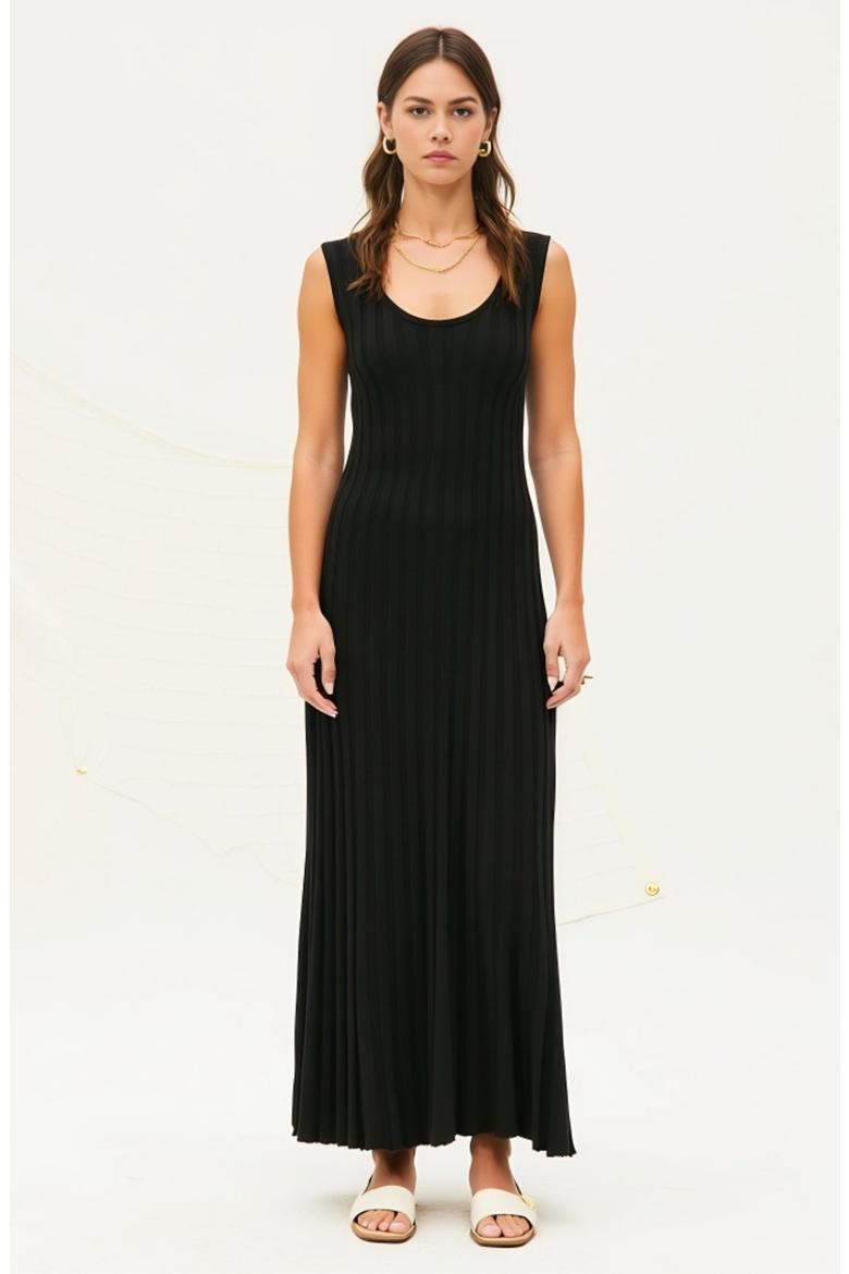 Sleeveless Ribbed Knit Scoop Neck Maxi Dress with Pleated Skirt, Alternate, color, Black