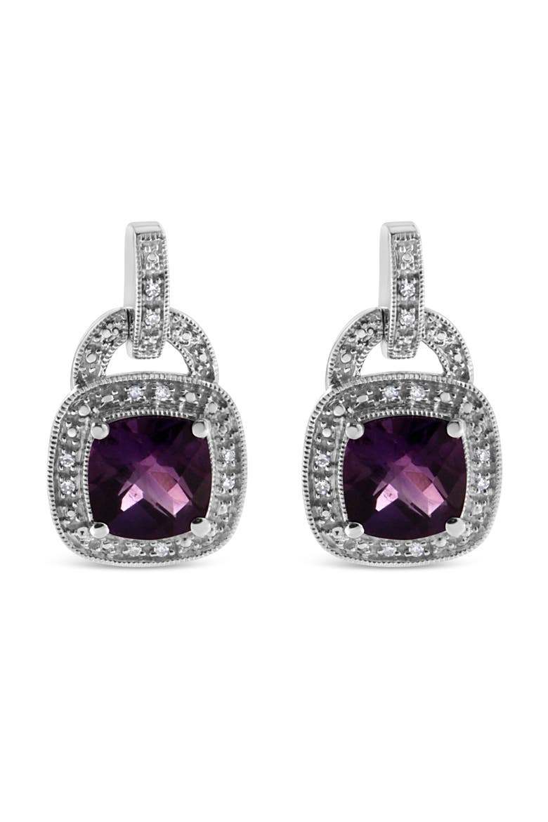 Silver 8MM Natural Cushion Shaped Amethyst Diamond Accent Halo Dangle Earrings, Alternate, color, White