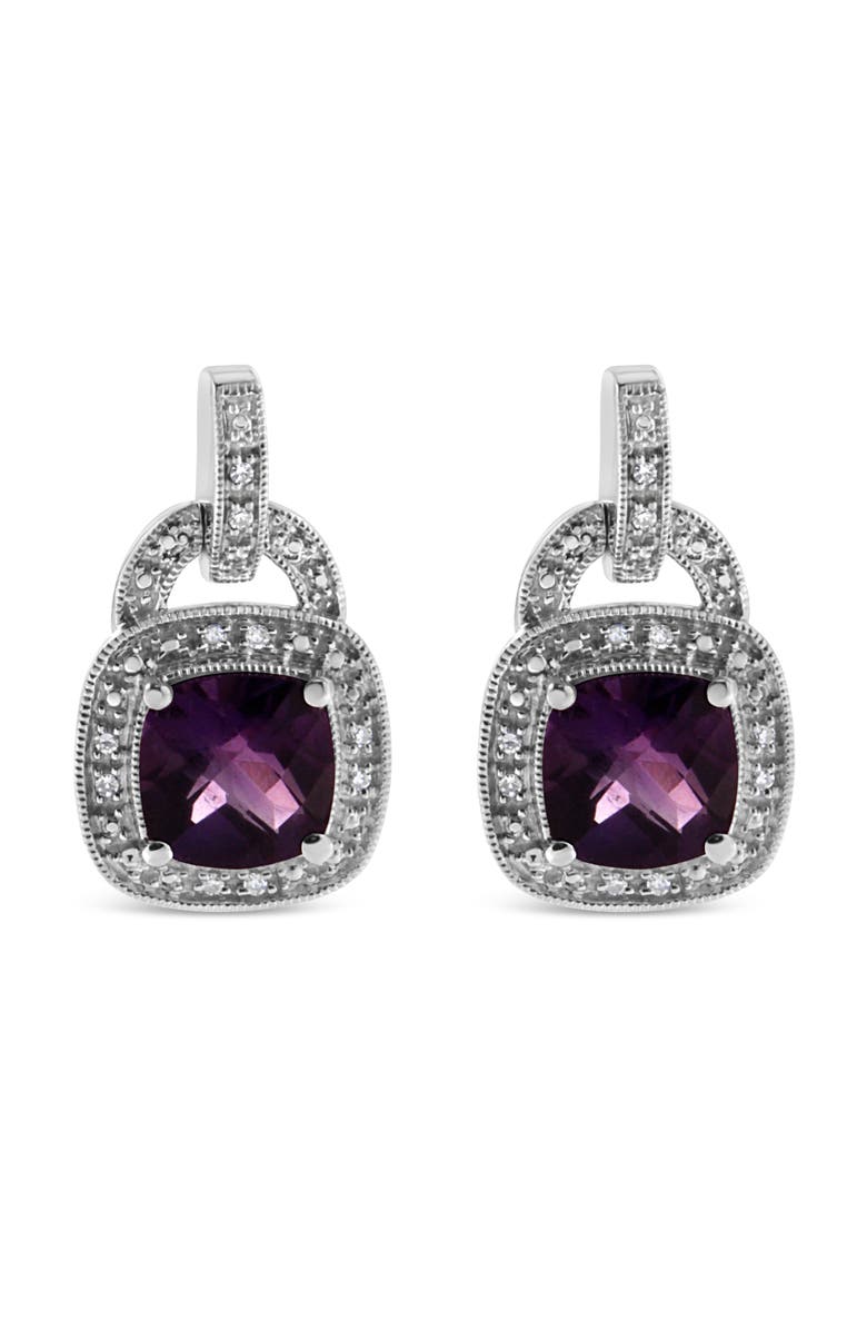 Haus of Brilliance Silver 8MM Natural Cushion Shaped Amethyst Diamond Accent Halo Dangle Earrings, Alternate, color, White