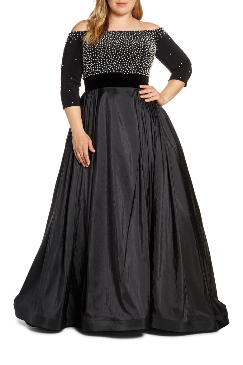 Imitation Pearl Beaded Off the Shoulder Ballgown, Main, color, BLACK