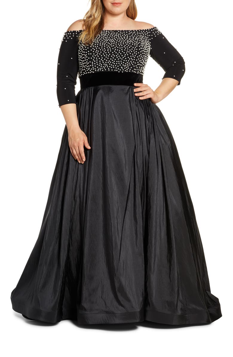 Mac Duggal Imitation Pearl Beaded Off the Shoulder Ballgown, Main, color,