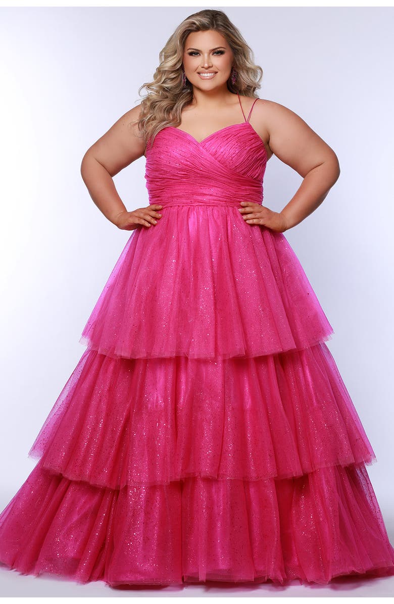 Sydney's Closet Spaghetti Strap Teired Plus Size Ballgown, Alternate, color, Pink