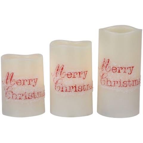 LED Flameless Frosted "Merry Christmas" Wax Pillar Candles - 6" - Set of 3