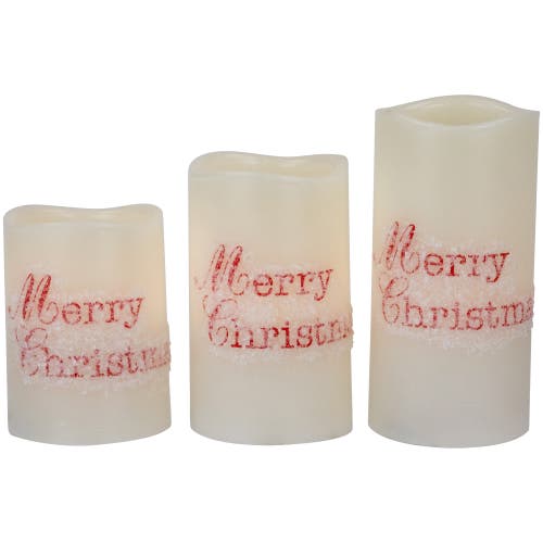 Northlight Led Flameless Frosted "merry Christmas" Wax Pillar Candles In White