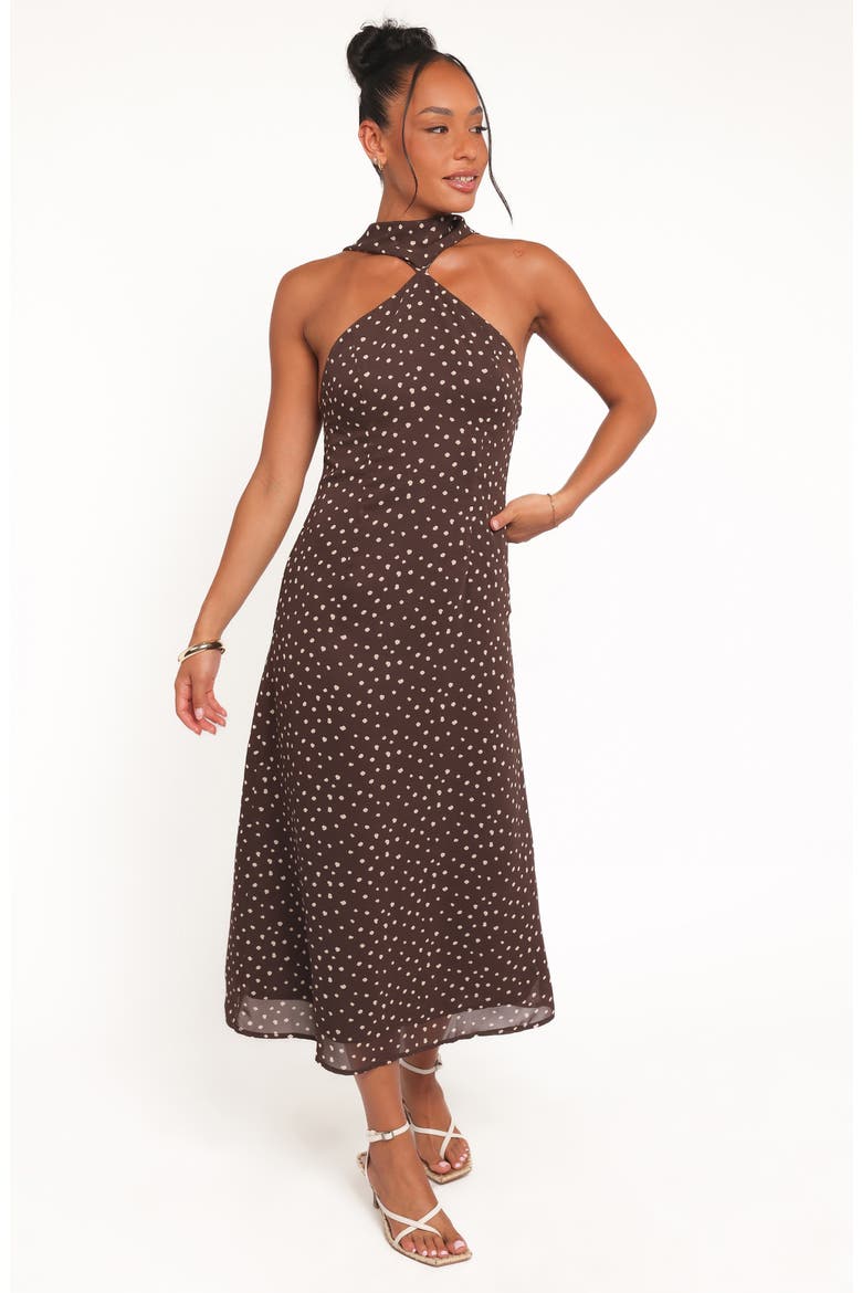 Elva Midi Halter Dress, Alternate, color, BROWN POLKA DOT
