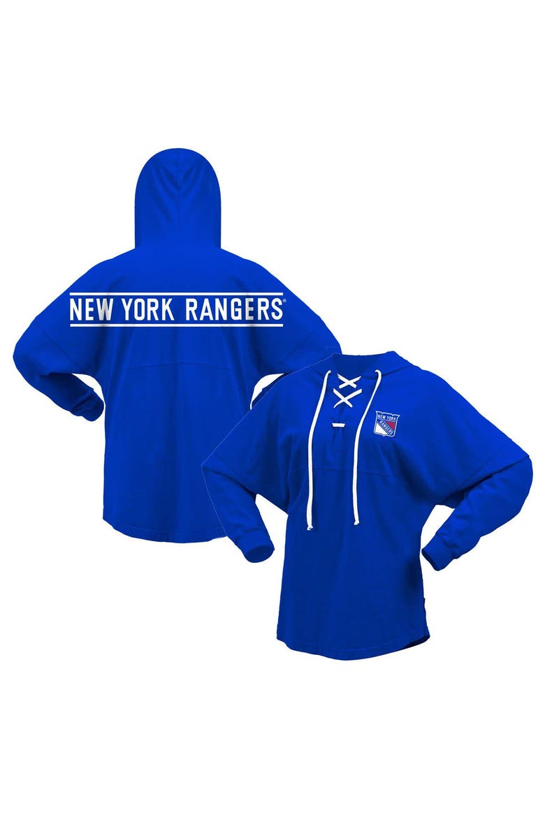 Women's Fanatics Branded Blue New York Rangers Jersey Lace-Up V-Neck Long Sleeve Hoodie T-Shirt, Main, color, Blue