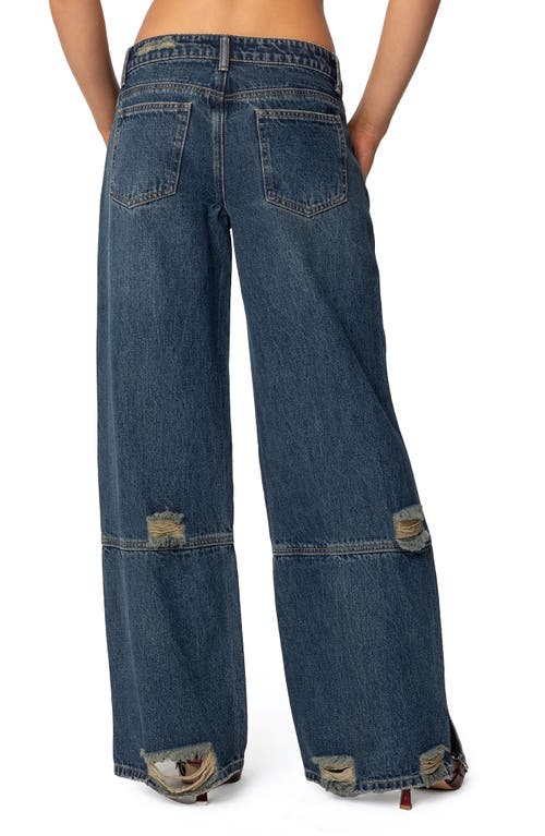Shop Edikted Ripped Low Rise Wide Leg Jeans In Blue