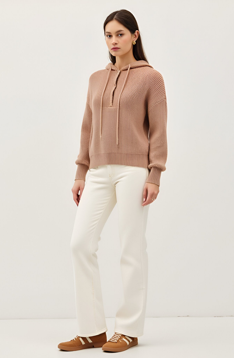 Modenaire Knit Button Front Hoodie with Ribbed Hem and Drop Shoulders, Alternate, color, Light Beige