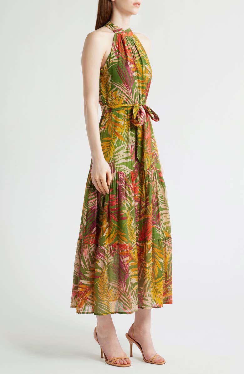Anne Klein Patio Leaf Print Halter Neck Tiered Midi Dress, Alternate, color, 