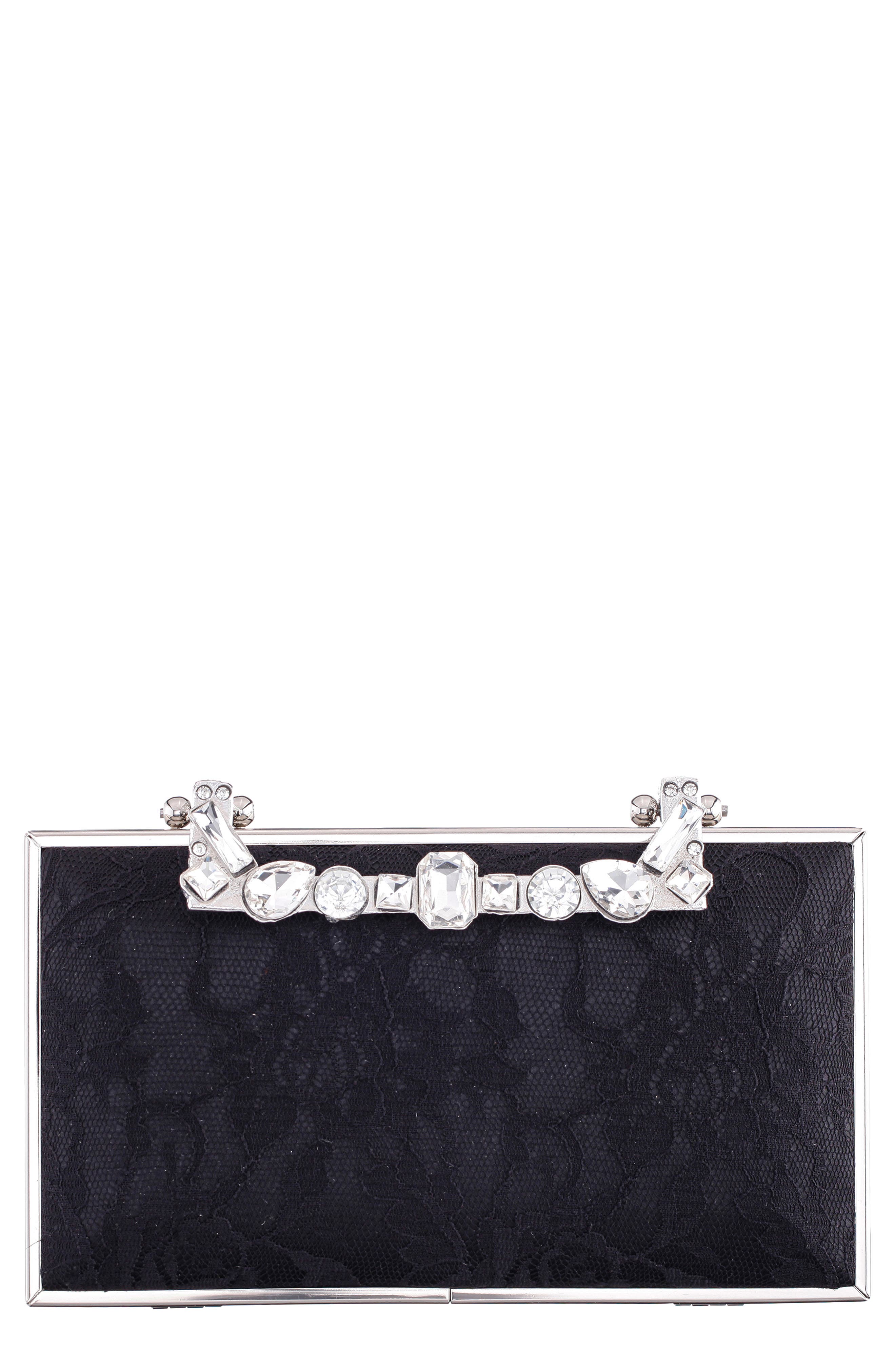 Nina Boujee Crystal Lace Clutch, Main, color, Black