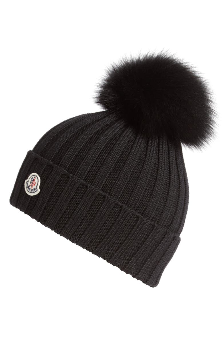 Moncler Genuine Fox Fur Pom Wool Beanie, Main, color,
