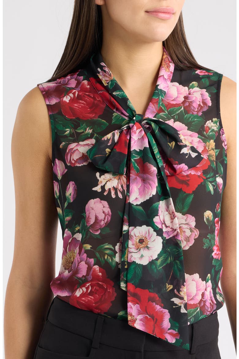 Floral Tie Neck Chiffon Top, Alternate, color, BLACK MULT