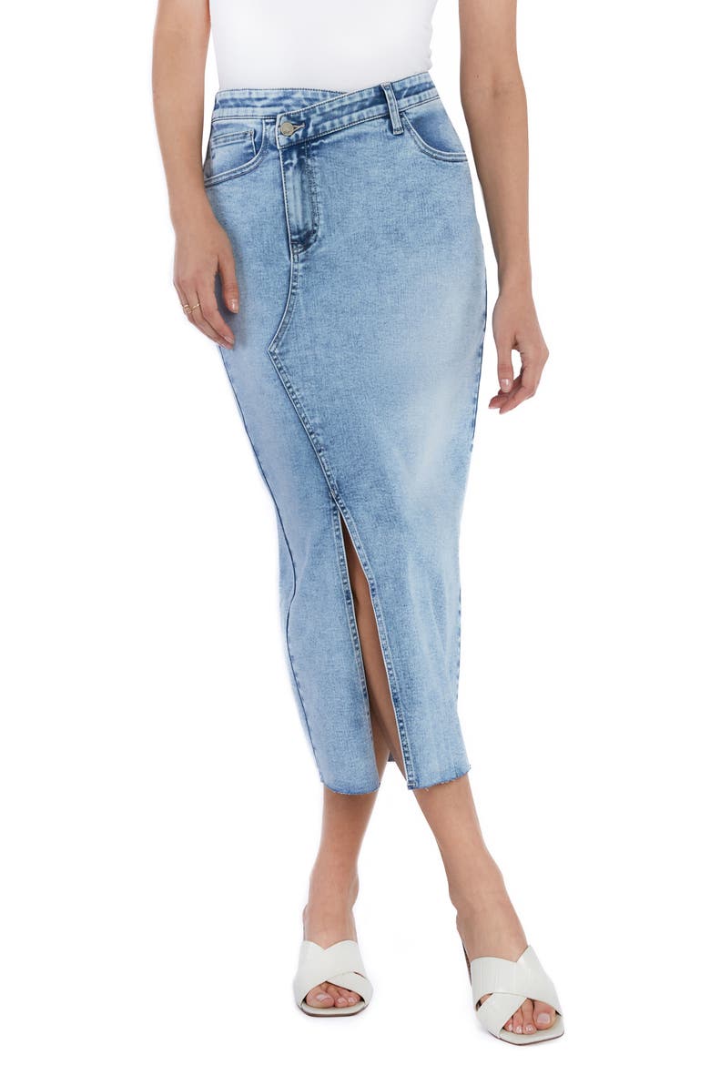Asymmetric Waist Denim Midi Skirt, Main, color, MIST BLUE