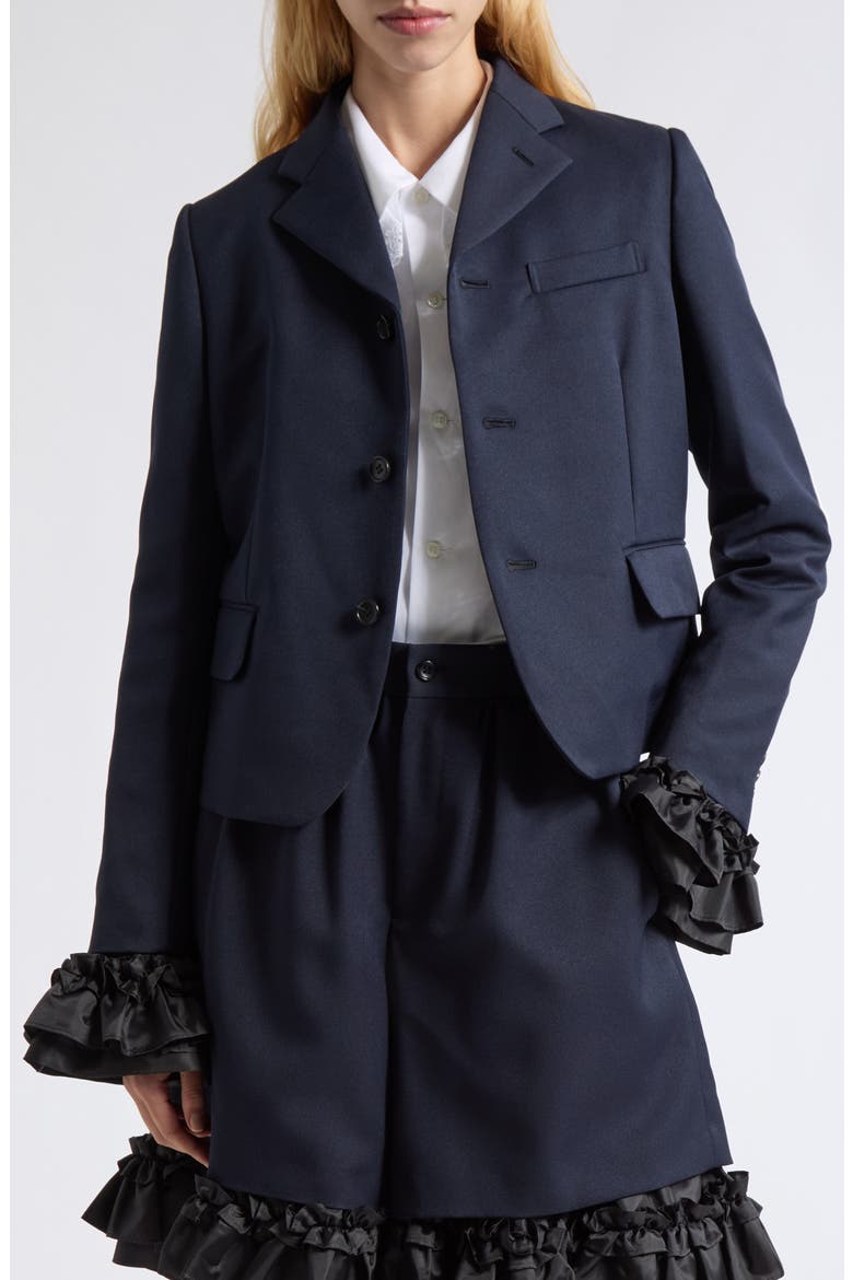 Ruffle Cuff Gabardine Blazer, Main, color, NAVY X BLACK