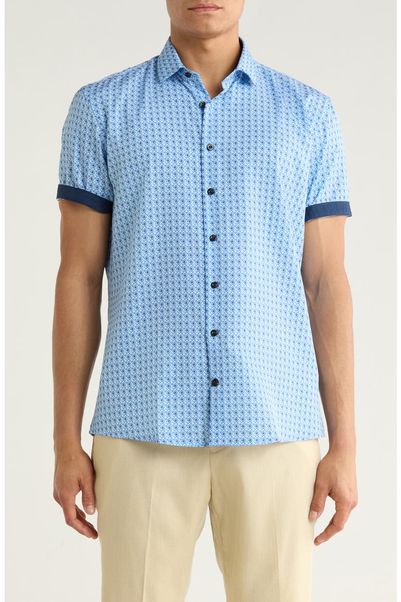 Geometric Print Short Sleeve Button-Up Shirt, Main, color, BLUE/ BLEU