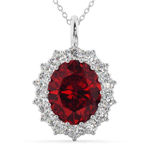 Oval Ruby & Diamond Halo Pendant Necklace 14k