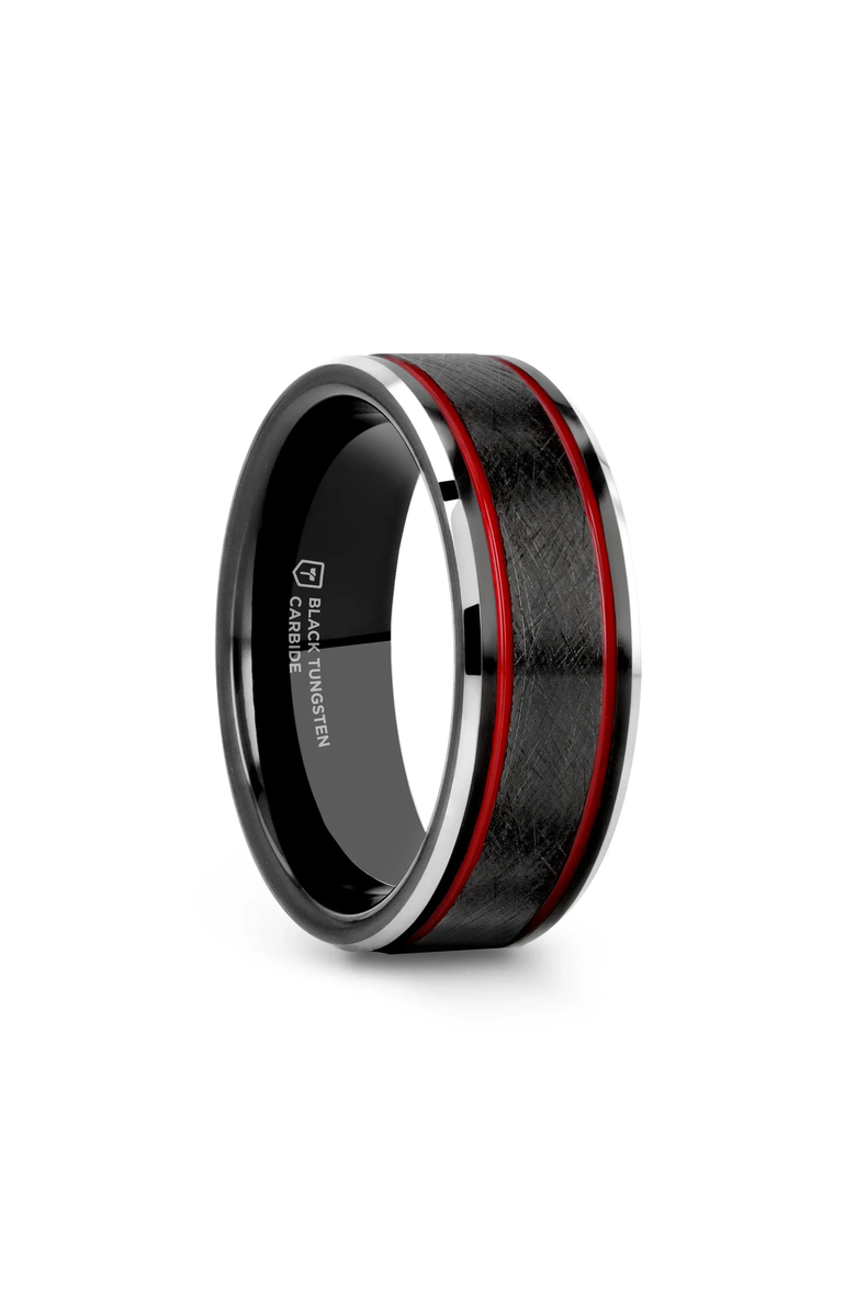 Larson Jewelers Olis Wire Finish Tungsten Wedding Band, Main, color, Black / Red