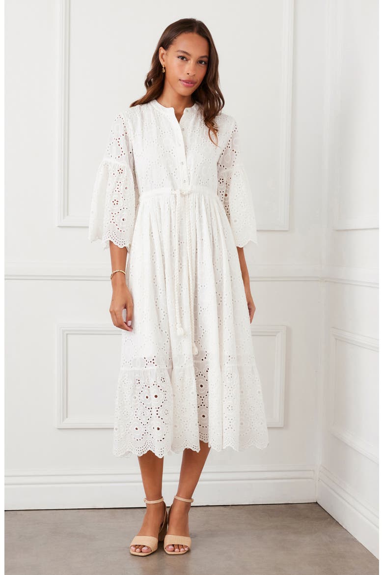 Tiered Cotton Eyelet Midi Dress, Alternate, color, OFF WHITE