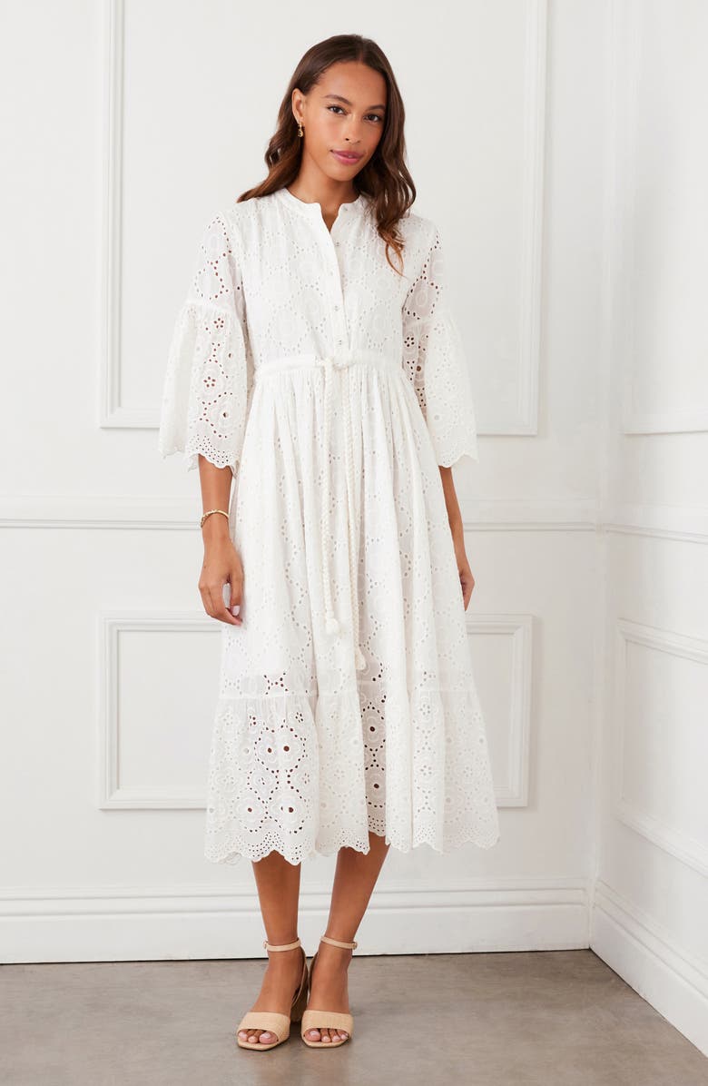 Karen Kane Tiered Cotton Eyelet Midi Dress, Alternate, color, Off White