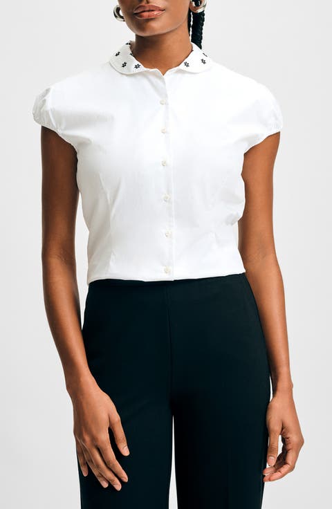 売れ筋商品|||イザックミズラヒ カットソー トップス レディース Women's Embroidered Collar Cap Sleeve Top White black Serafina Dress | Marciano