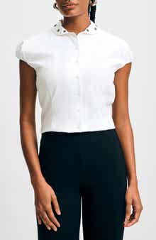 Isaac Mizrahi New York Embroidered Collar Cap Sleeve Button-Up Shirt