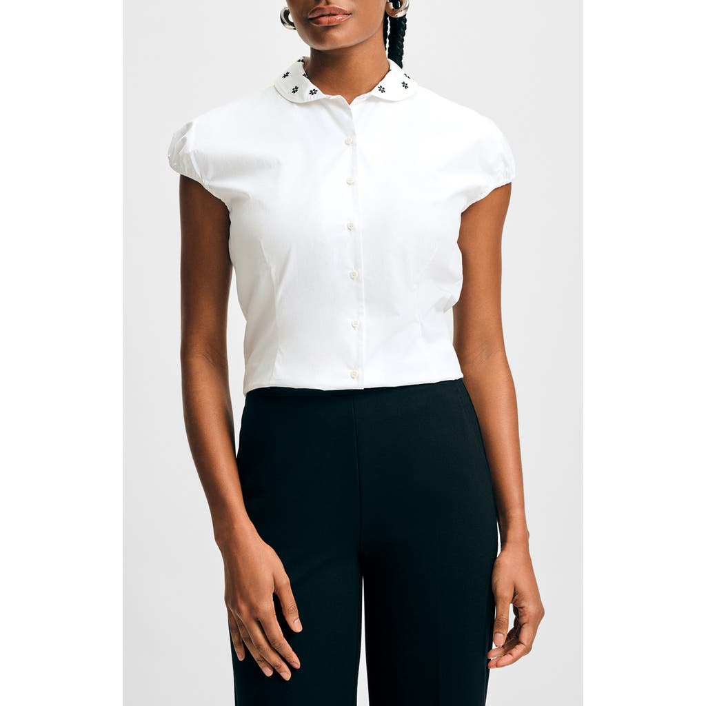 Isaac Mizrahi New York Embroidered Collar Cap Sleeve Button-up Shirt In White