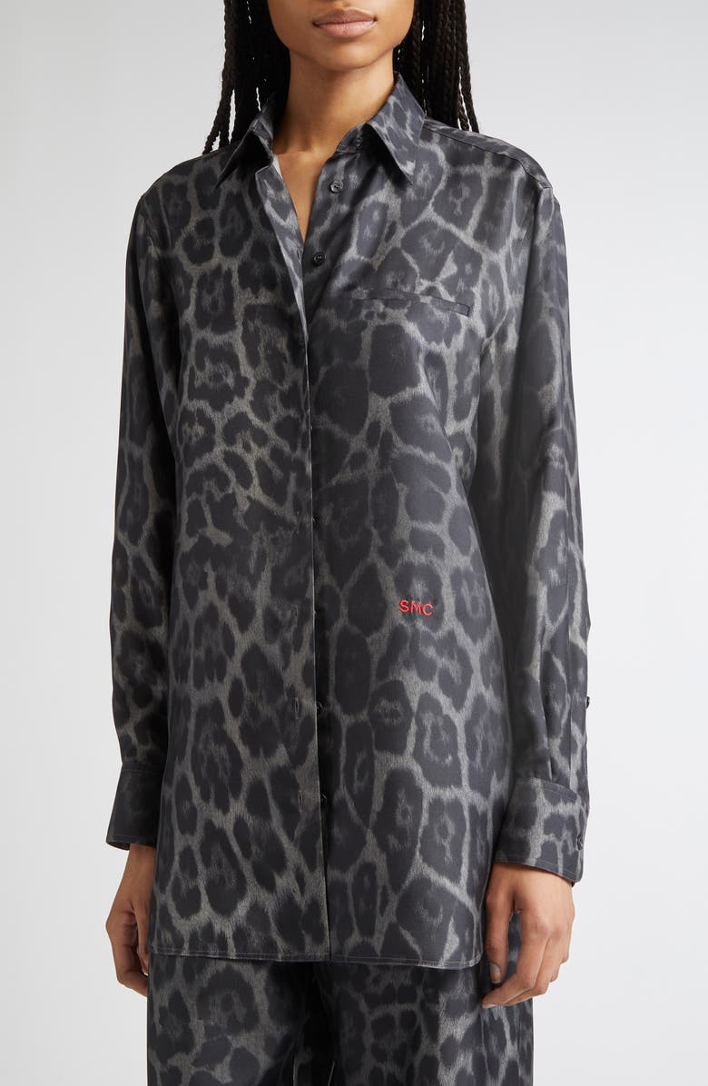 Stella McCartney Leopard Print Silk Button-Up Shirt, Alternate, color, Ash Grey