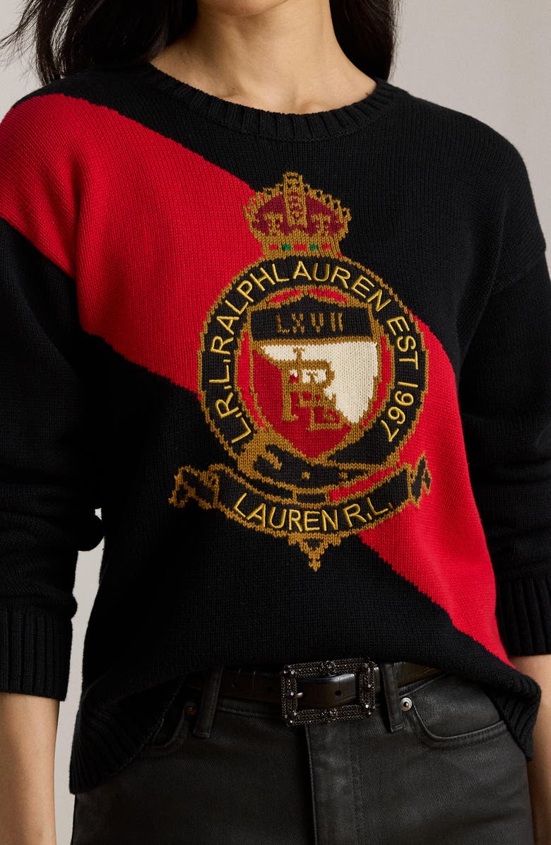 Lauren Ralph Lauren Colorblock Embroidered Crest Cotton Sweater, Alternate, color,