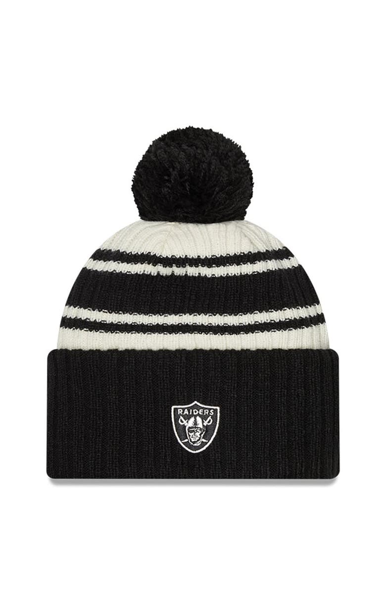 New Era Youth New Era  Cream/Black Las Vegas Raiders 2022 Sideline Sport Cuffed Pom Knit Hat, Alternate, color, 
