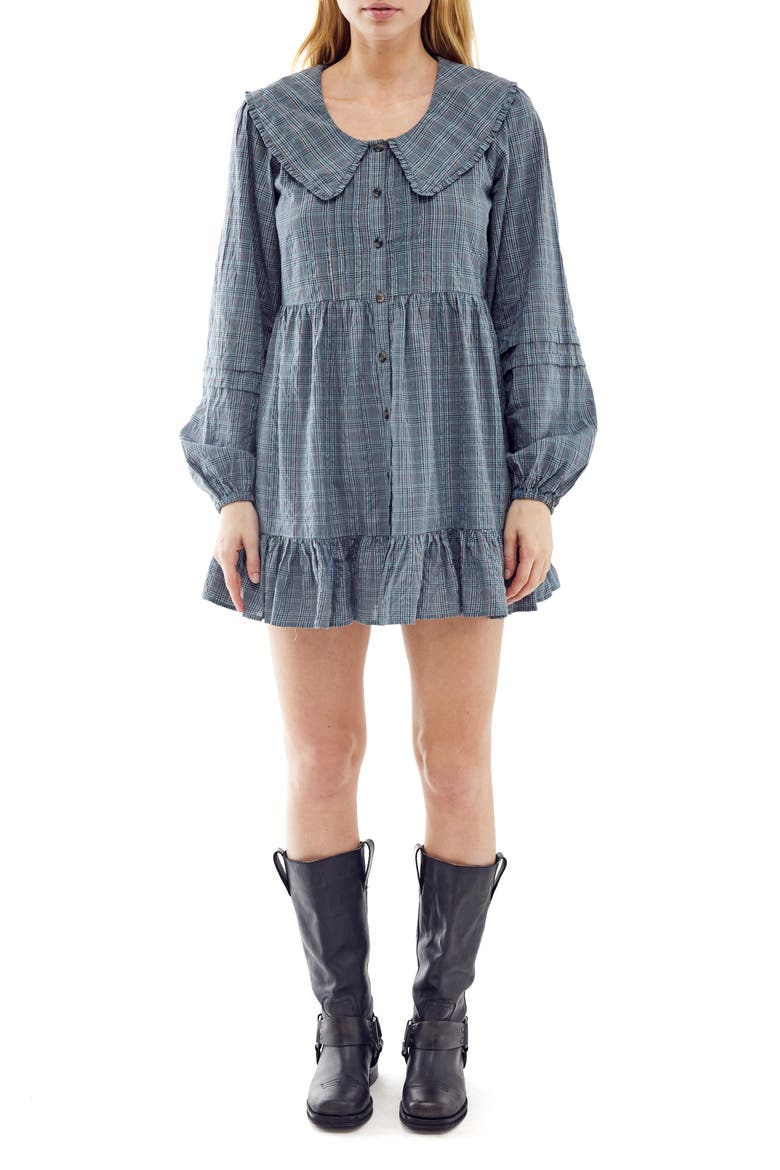 Plaid Long Sleeve Cotton Minidress, Main, color, BLUE