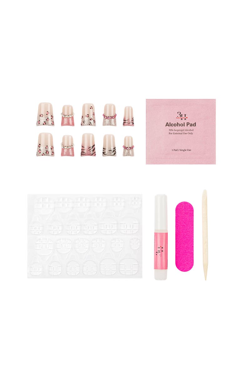 Y2K Duck Diva Medium Flare Press-On Nails - Pink Glitter Leopard, Alternate, color, Pink