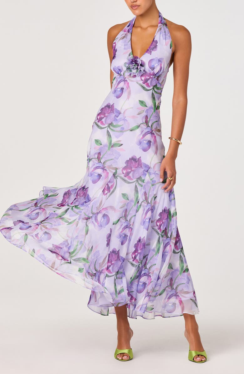 ASTR the Label Yasmen Floral Plunge Halter Neck Maxi Dress, Alternate, color, Purple Floral