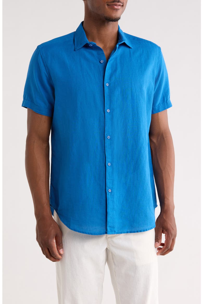 Davis Short Sleeve Linen Blend Button-Up Shirt, Main, color, BLUE