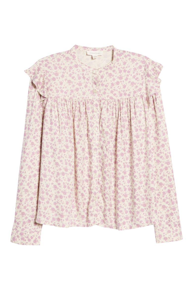 Floral Ruffle Trim Button-Up Shirt, Alternate, color, PURPLE SILHOUETTE FLORAL