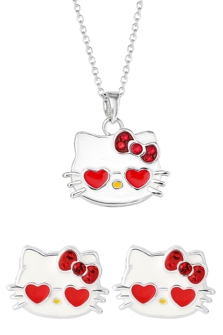Hello Kitty® Cubic Zirconia & Enamel Pendant Necklace & Stud Earrings Set, Main, color, RED AND SILVER