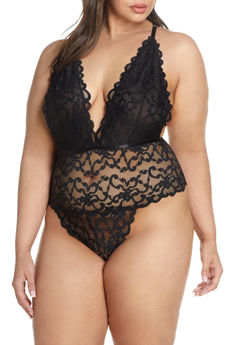 Jeana Plunge High Leg Galloon Lace Bodysuit, Main, color, BLACK