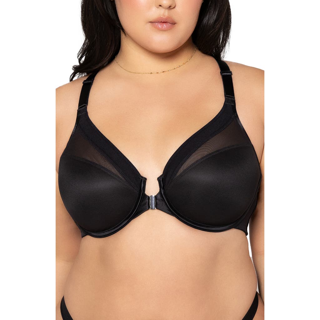 Shop Curvy Couture Sheer Mesh Front Clasp Racerback Underwire Bra In Black Hue