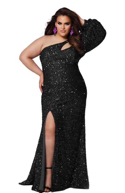 One-Shoulder Pouf Sleeve Sequin Plus Size Evening Gown
