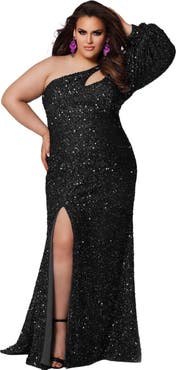 Sydney's Closet One-Shoulder Pouf Sleeve Sequin Plus Size Evening Gown