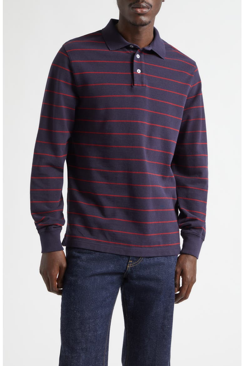 Stripe Long Sleeve Cotton Piqué Polo, Main, color, NAVY/ RED