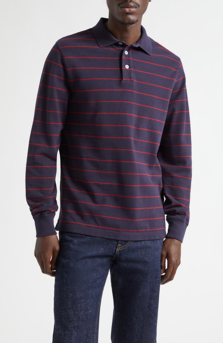 Noah Stripe Long Sleeve Cotton Piqué Polo, Main, color, Navy/ Red