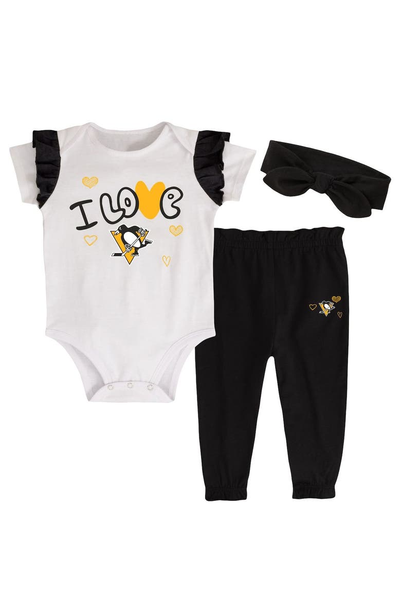 Outerstuff Girls Infant White/Black Pittsburgh Penguins I Love Hockey Bodysuit Pants & Headband Set, Alternate, color, 