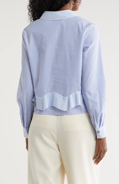 Nicole Miller Stripe Ruffle Long Sleeve Button-up Shirt In Blue