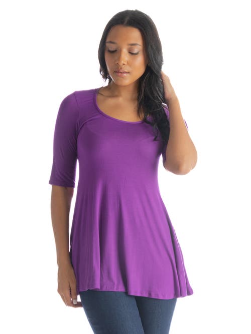 24seven Comfort Apparel Petite Elbow Sleeve Swing Crew Neck Tunic Top In Purple