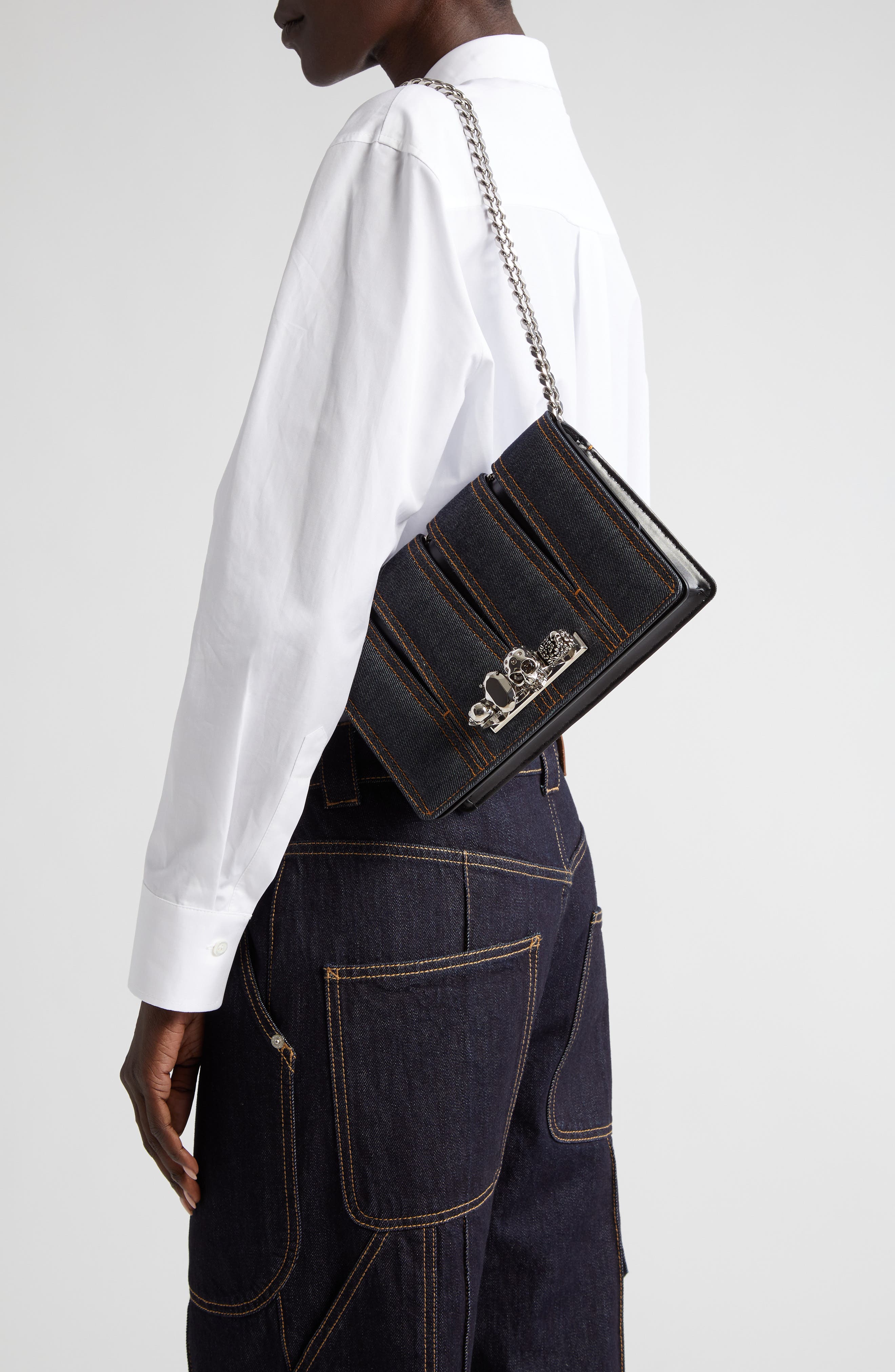 McQueen Slash Cutout Knuckle Denim Crossbody Bag, Alternate, color, 