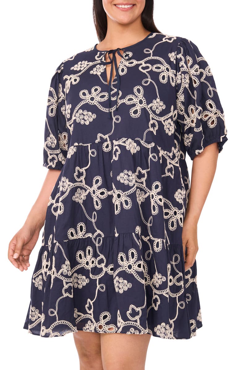 CeCe Embroidered Tiered Cotton Babydoll Dress, Alternate, color, Night Shade